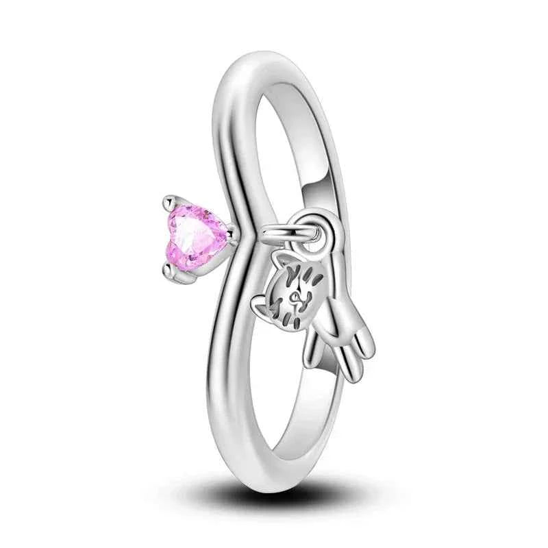925 Sterling Silver Pink Cat Heart Charm Ring