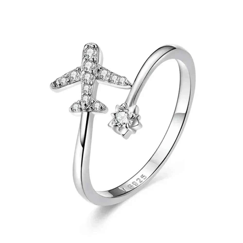 925 Sterling Silver CZ Flying Plane Open Ring
