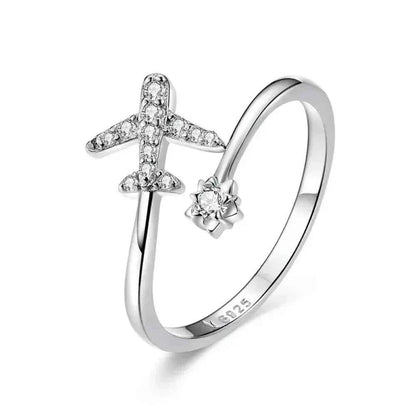 925 Sterling Silver CZ Flying Plane Open Ring