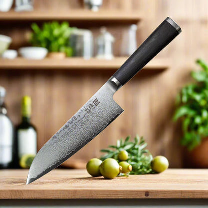 Miyako SUS 180mm Santokumesser – Klinge aus 33-lagigem Damaststahl – Hergestellt in Japan
