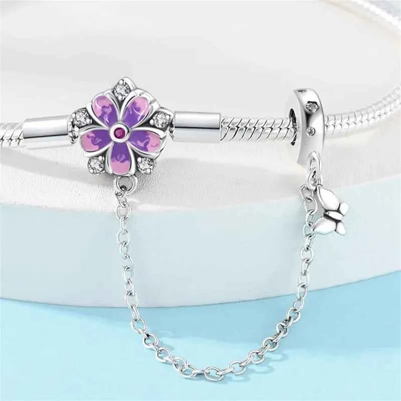 Sterling Silver Floral Charm Bracelet with Safety Chain