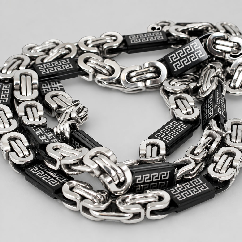 SteelTime Men's Two Tone Stainless Steel and Black IP Byzantine Necklace with Greek Key Accents