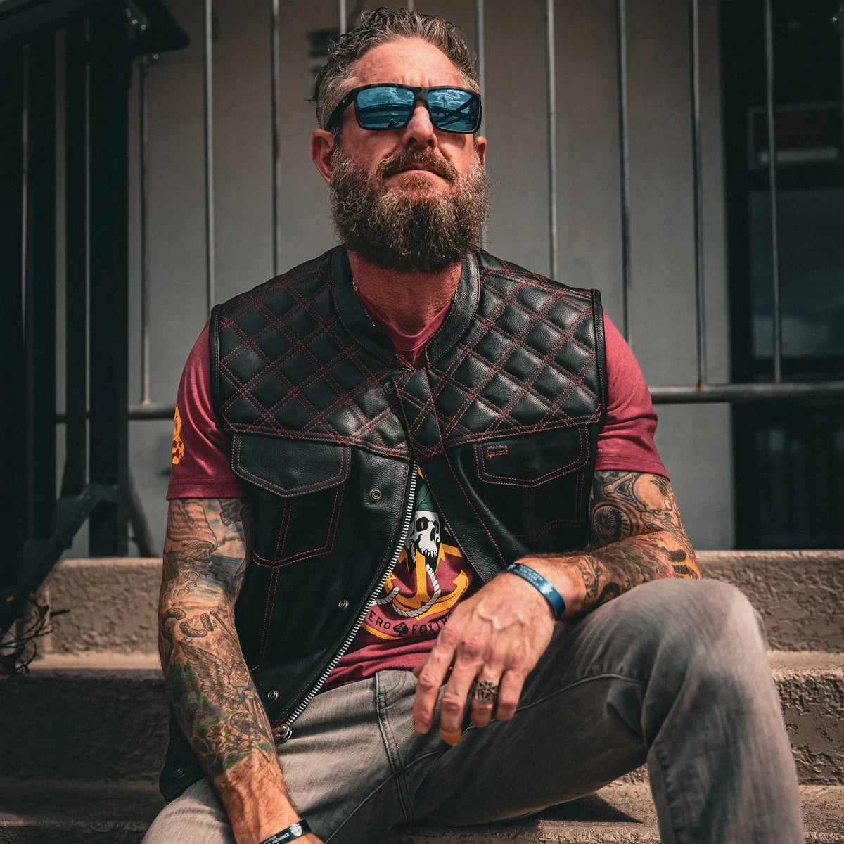 Open Road Men's Upside Leather with Red Stitched Diamonds Vest