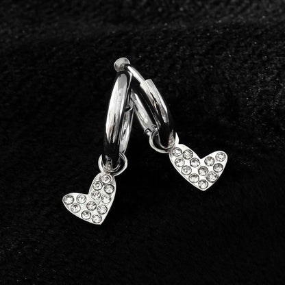VIRTUOUS Silver Toned White Gold: Mini Hoops with Zirconia Embedded Heart Charm