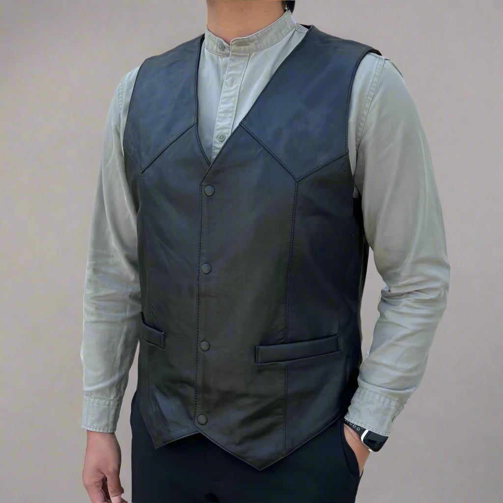 Men's Sheep Leather Vest. Snap Closure & Front Pockets