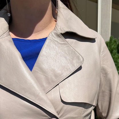 Women's Classic Leather Trench Coat. Double-Breasted Button Closure with Adjustable Belt