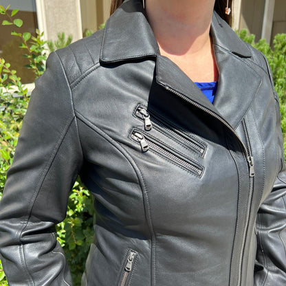 Women's Lamb Leather Biker Look Jacket with Asymmetrical Collar and Stitched Shoulders