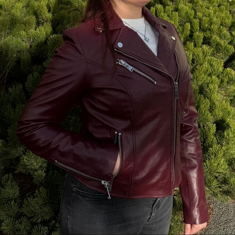 Women's Premium Lamb Leather Moto Jacket with Asymmetrical Zippers