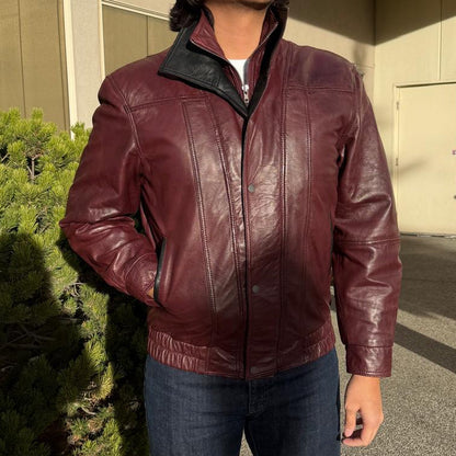 BOL Men's Double Collar Leather Bomber Jacket