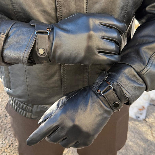 Men's Black Sheepskin Leather Gloves Fleece Lined