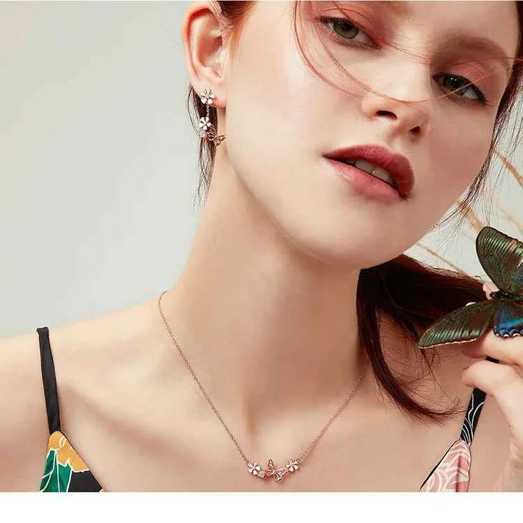 Delicate Beauty: Korean Style 925 Sterling Silver Butterfly and Flower Choker Necklace