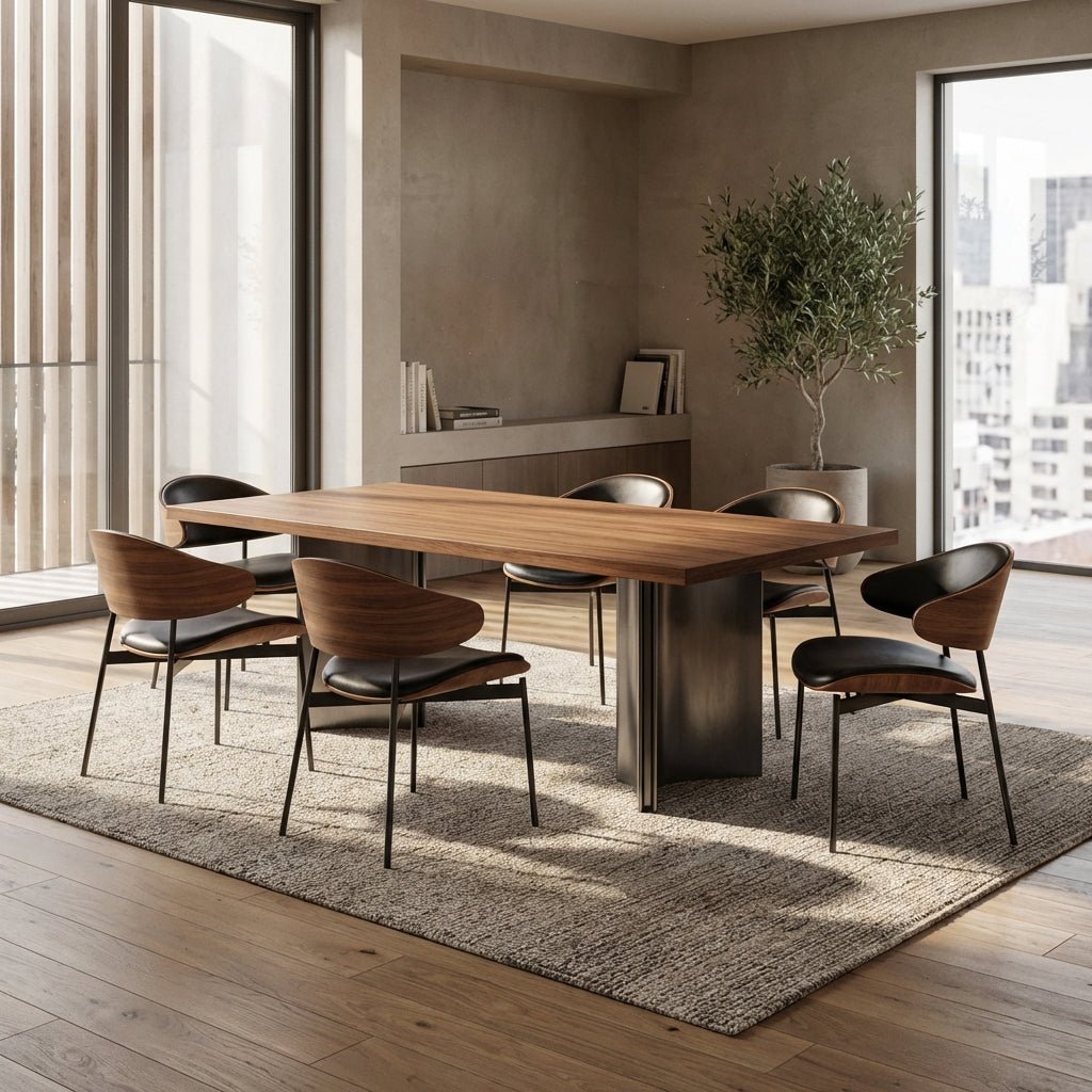 Aero Curve Walnut & Leather Dining Set with 6 Chairs