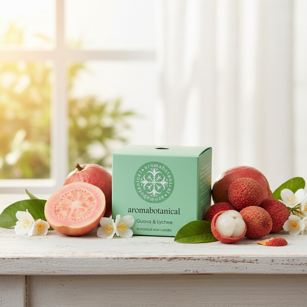 Mini-Guaven-Litschi-Kerze mit exotischem Duft von Aromabotanical