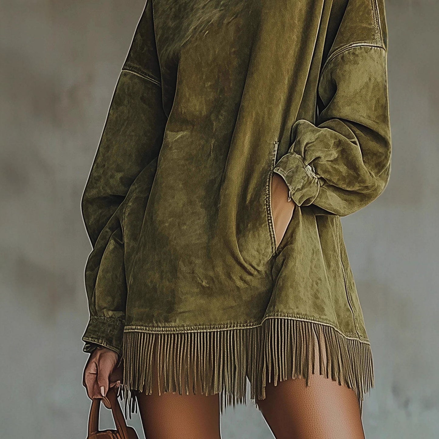 Women's Loose Tassel Suede Dress - Long Sleeve Pocket Dress
