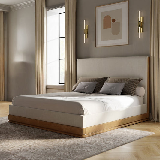 Yami Wood Detail Upholstered Platform Bed - Beige Oak