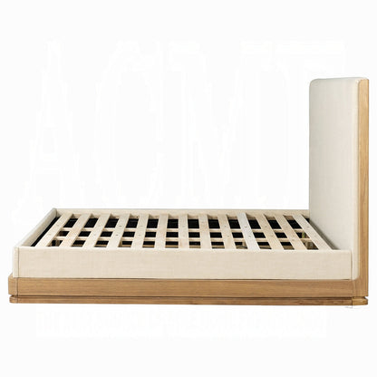 Yami Wood Detail Upholstered Platform Bed - Beige Oak