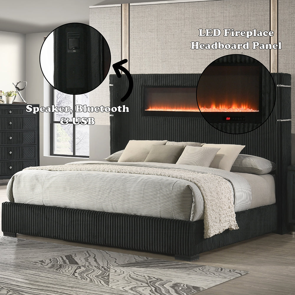 Obsidian Smart Platform Bed with LED/ Fireplace/Reading Light/Speaker/Bluetooth/USB - Black
