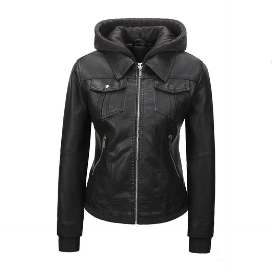 Women’s Faux Leather Biker Jacket with Detachable Hood – Slim-Fit Waist-Cinching Motorcycle Coat