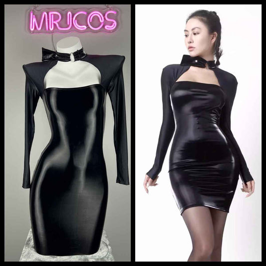 Gothic Long Sleeves Spasndex PU Leather Tight Party Dress Lingerie