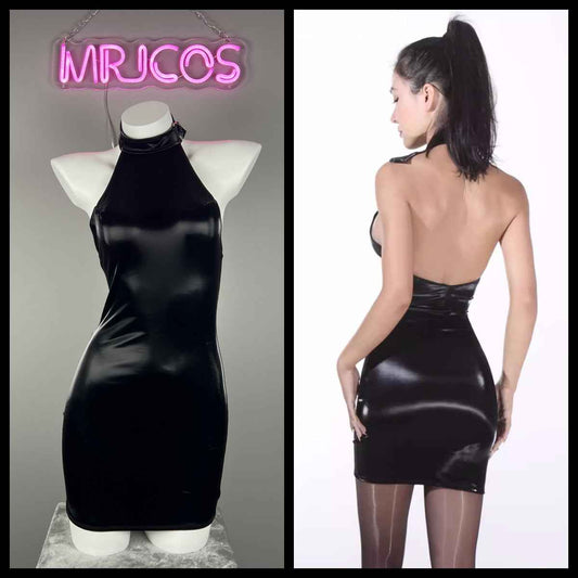 Gothic Sleeveless PU Leather Halter Party Dress Lingerie