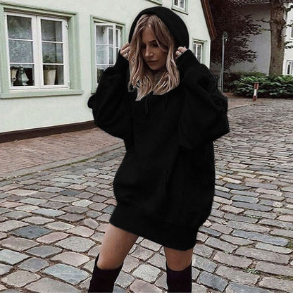 Women’s Solid Color Fleece Hoodie – Loose-Fit Pullover Hooded Sweatshirt