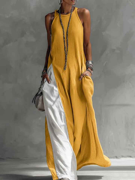Women Strappy Maxi Dress A-line Vest Type Color Block Summer Beach Dress Loose Casual Halter Neck Pocket Side Split Long Dresses