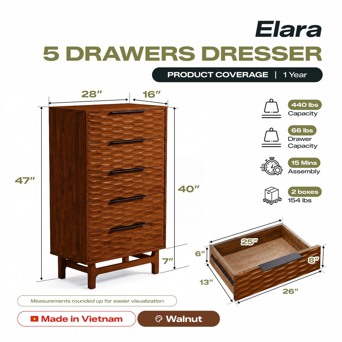 Elara Solid Wood Dresser with 5 Drawers