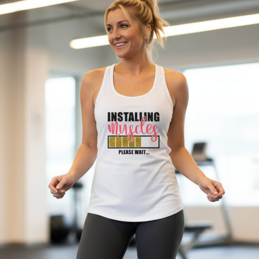 Installing Muscles Please Wait Racerback Tank Top