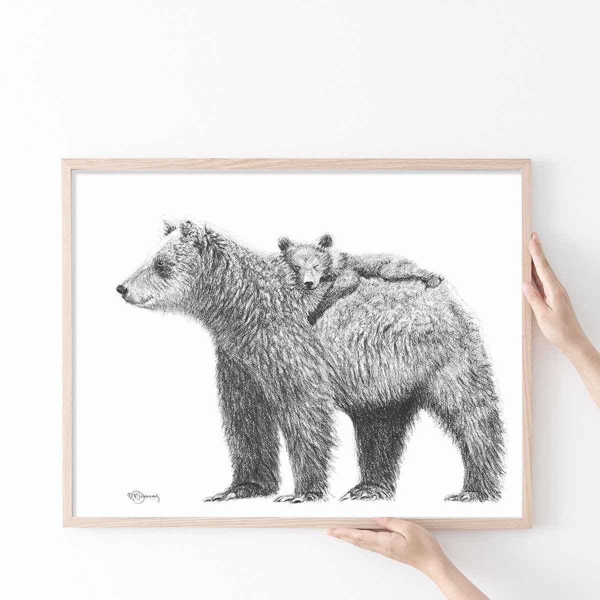 Grizzly with cub - wildlife black and white art print