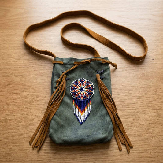 Beaded Suede Phone Pouch ~ Sage & Fringe Rosette
