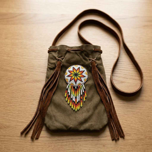 Beaded Suede Phone Pouch ~ light brown