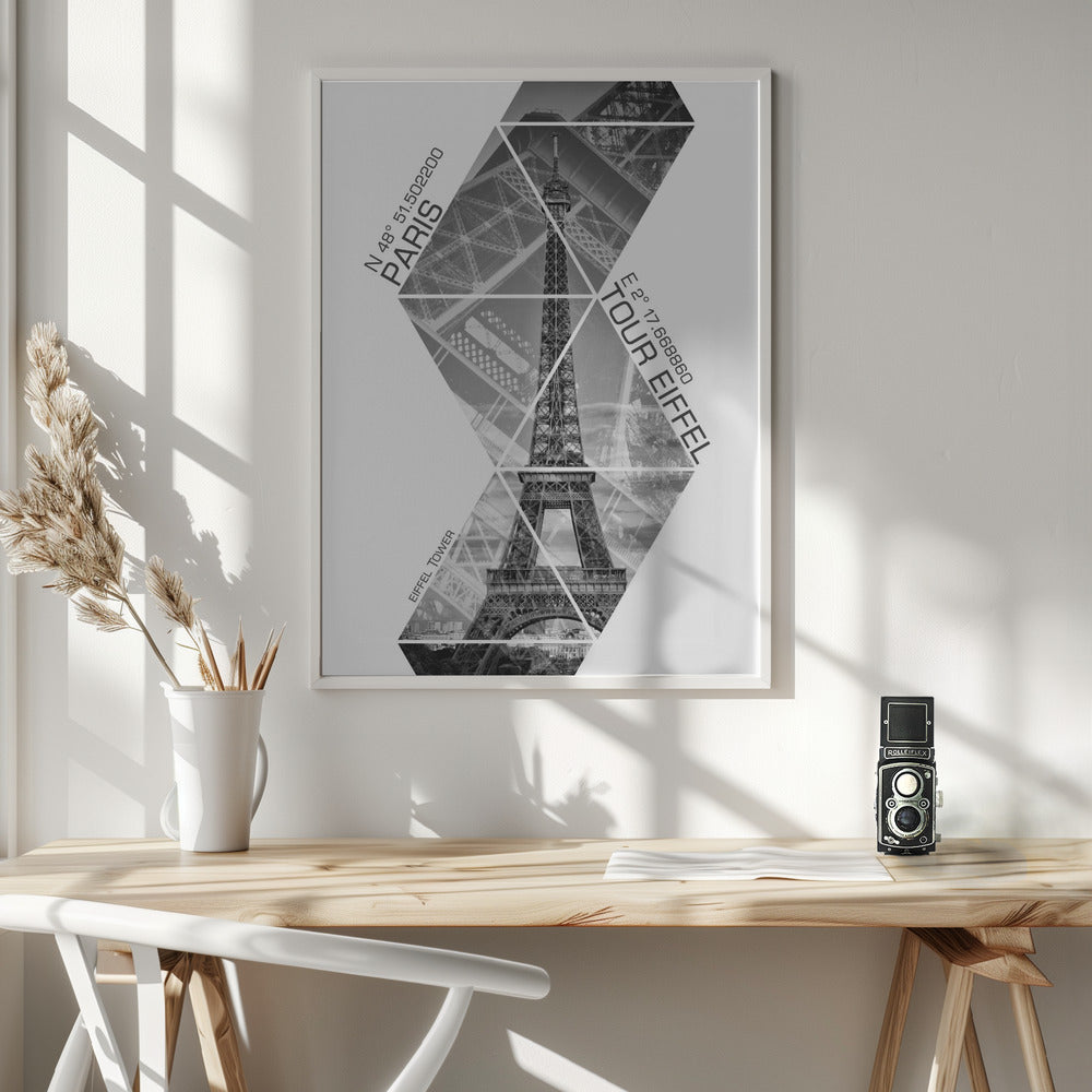 Wandbild Koordinaten PARIS Eiffelturm | monochrom