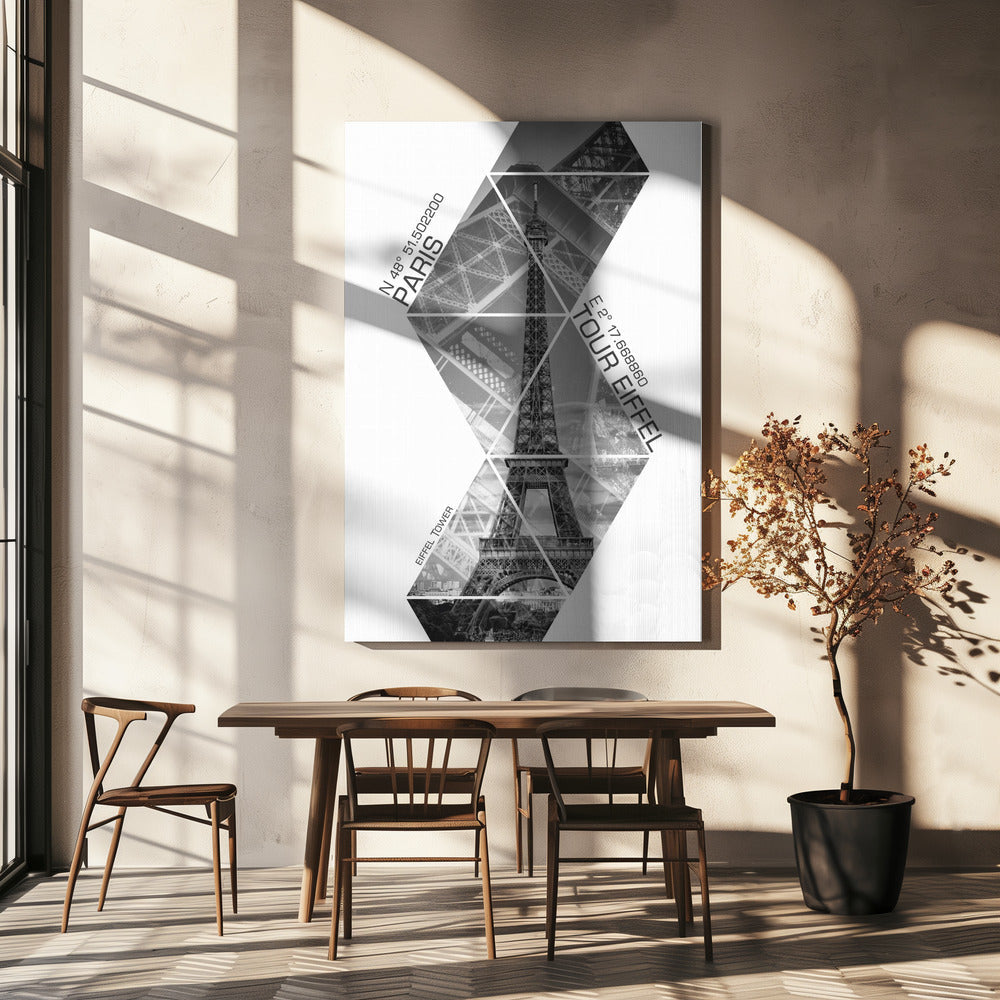 Wandbild Koordinaten PARIS Eiffelturm | monochrom