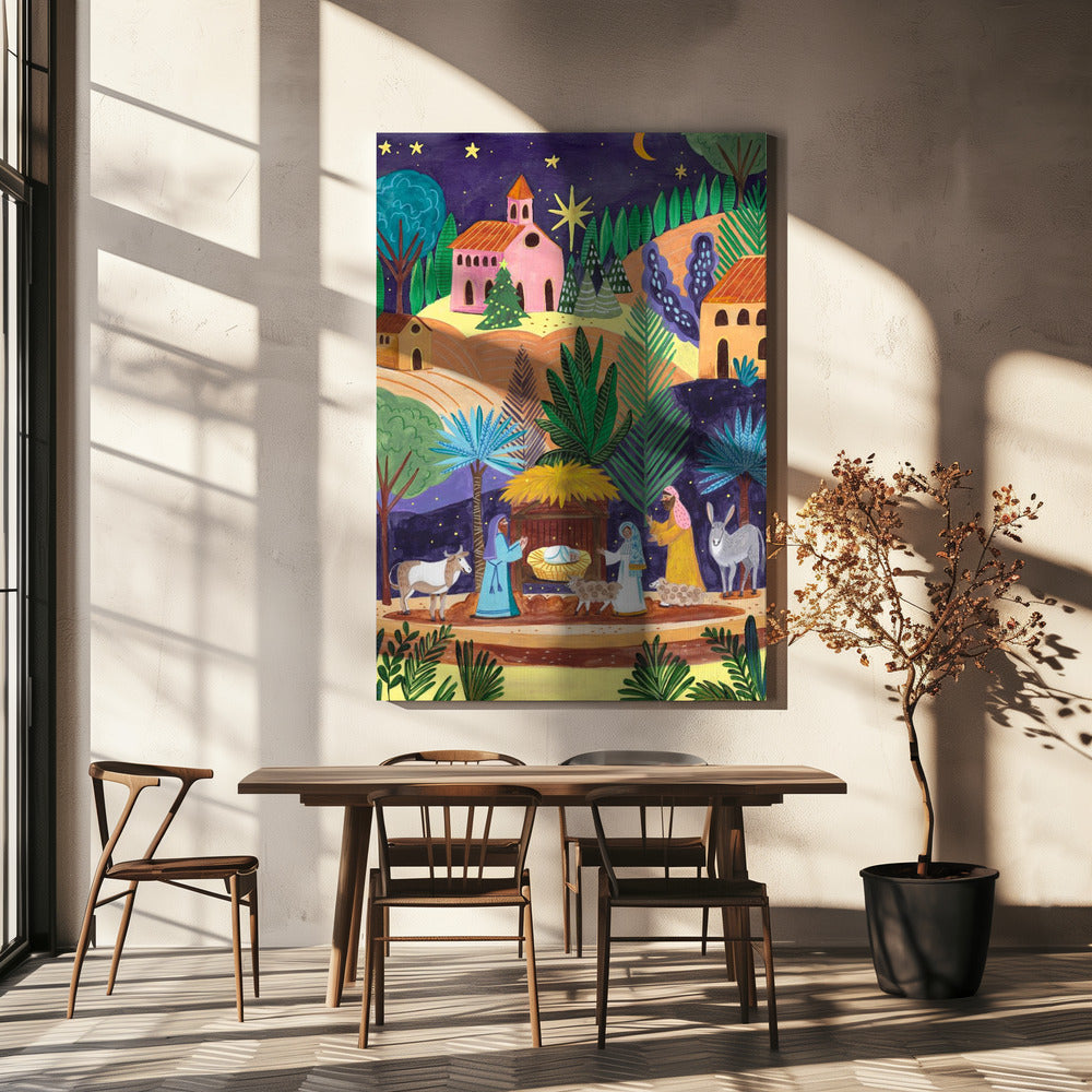 Wandbild Krippenszene Sternennacht Leinwanddruck