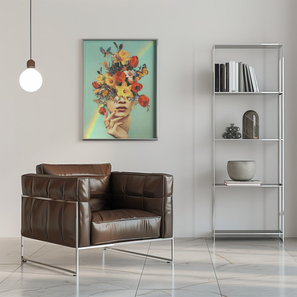 Wandbild – Baby in voller Blüte – Regenbogen, Blumen, Vögel & Schmetterlinge