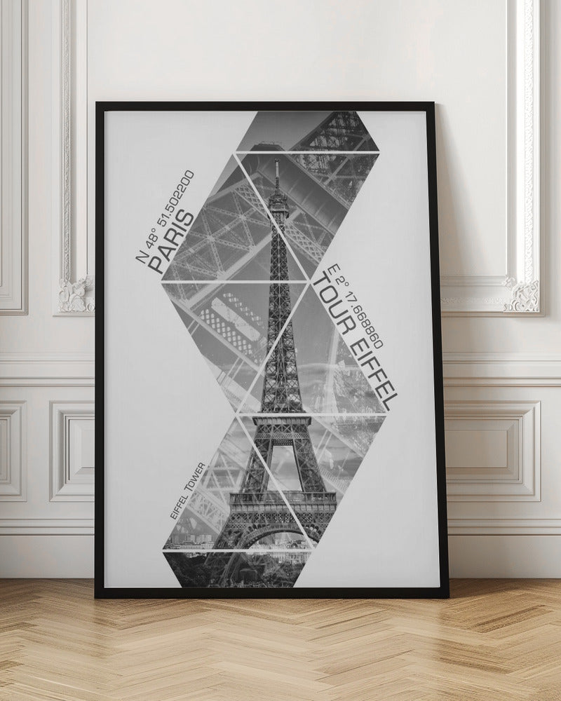 Wandbild Koordinaten PARIS Eiffelturm | monochrom