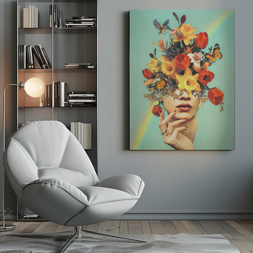 Wandbild – Baby in voller Blüte – Regenbogen, Blumen, Vögel & Schmetterlinge