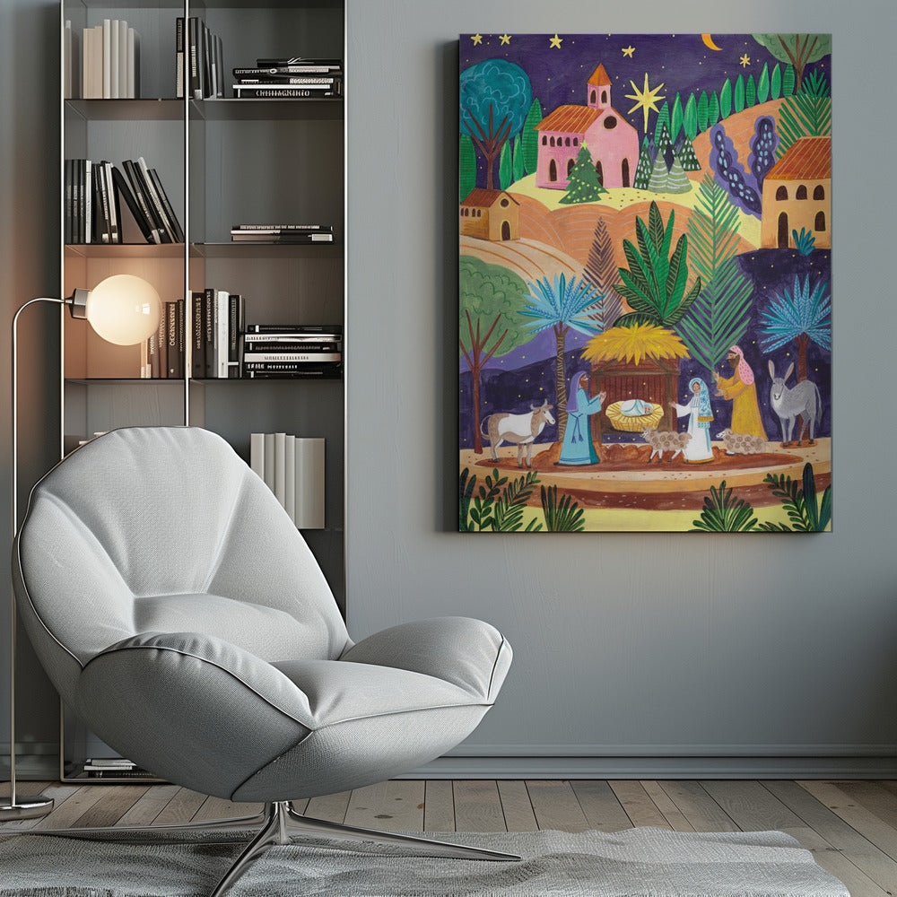 Wandbild Krippenszene Sternennacht Leinwanddruck