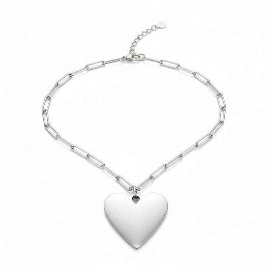 Short Chainlink Heart Pendant Necklace - Grey Stainless Steel