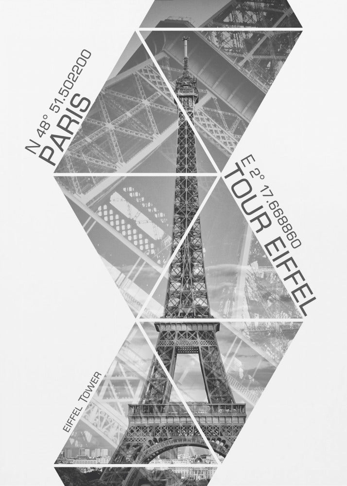 Wandbild Koordinaten PARIS Eiffelturm | monochrom