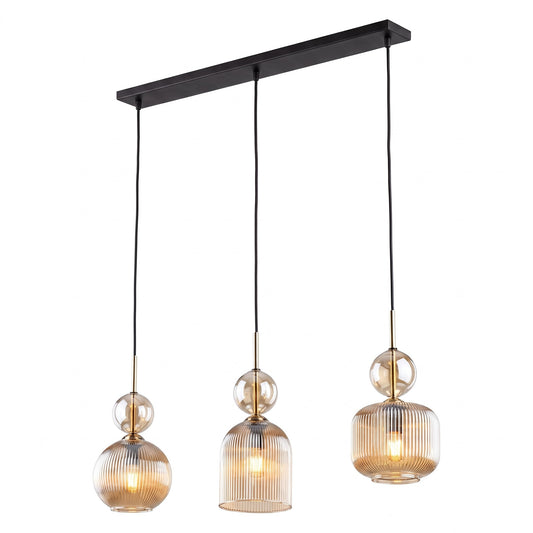 SOPHIA Cognac Ribbed Glass 3-Light Linear Pendant for Dining, Living Room & Kitchen