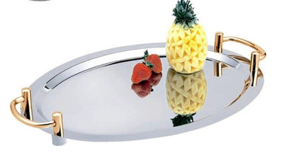 Edelstahl-Servierplatte, oval, mit goldfarbenen Griffen