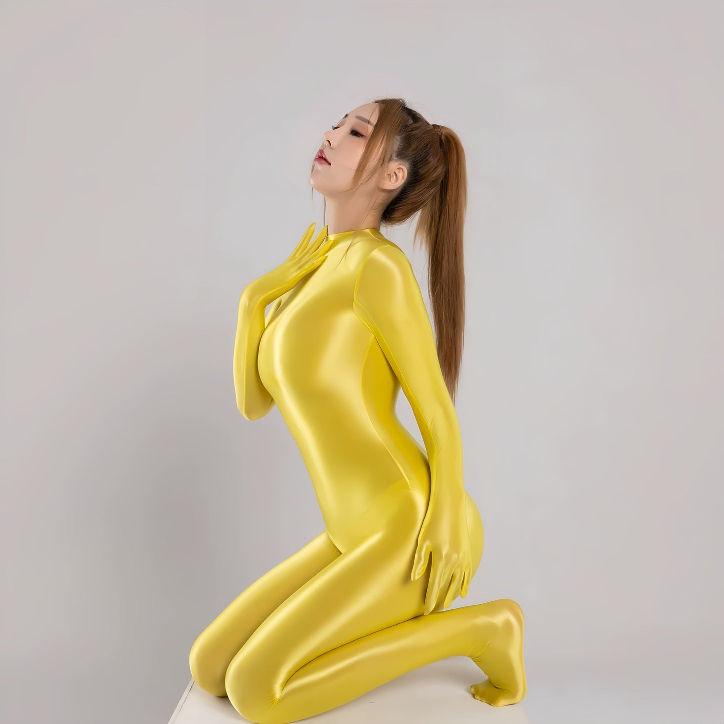 Spandex Nylon Full Bodysuit Zentai Shinny Cosplay Jumpsuit Attached Gloves