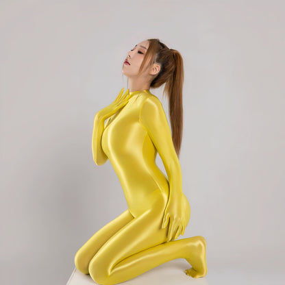 Spandex Nylon Full Bodysuit Zentai Shinny Cosplay Jumpsuit Attached Gloves